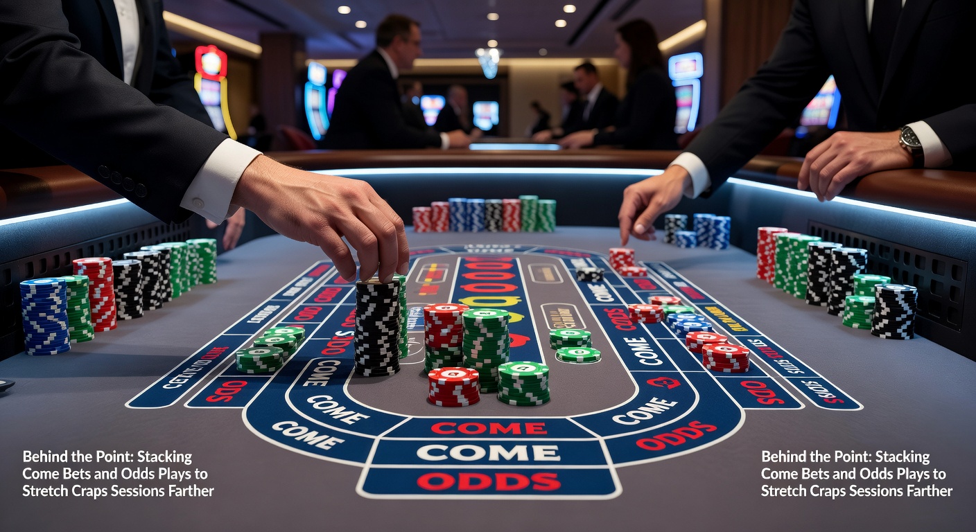 Close-up of craps odds puck on a point number with stacked come bets, showing low-house-edge extension tactics