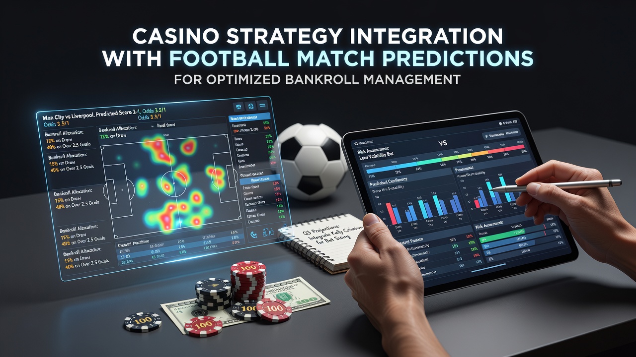 Casino bankroll management tools displayed alongside football match analysis charts and prediction software interfaces