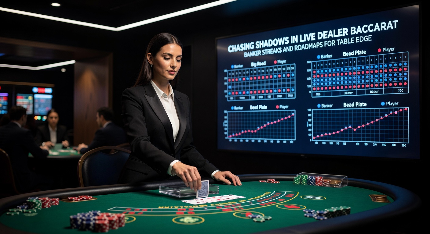 Live dealer baccarat shoe displaying colorful roadmaps with emerging banker streaks on a high-definition stream