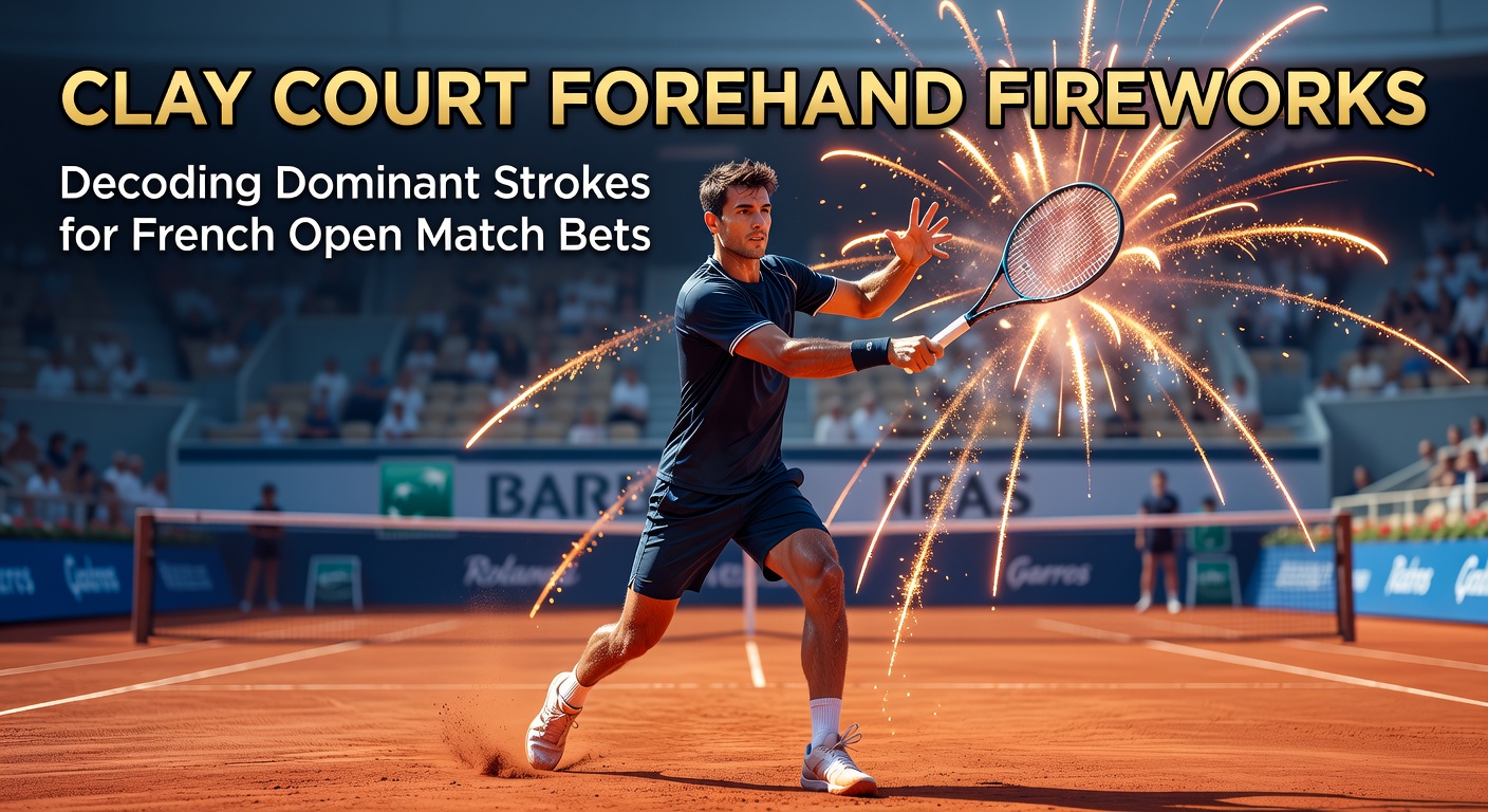 A tennis player unleashes a massive topspin forehand on a red clay court during a high-stakes rally, dust kicking up behind the ball
