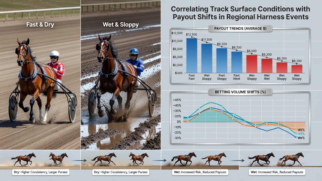 Close-up of harness racing sulky on a prepared dirt surface with visible moisture patterns