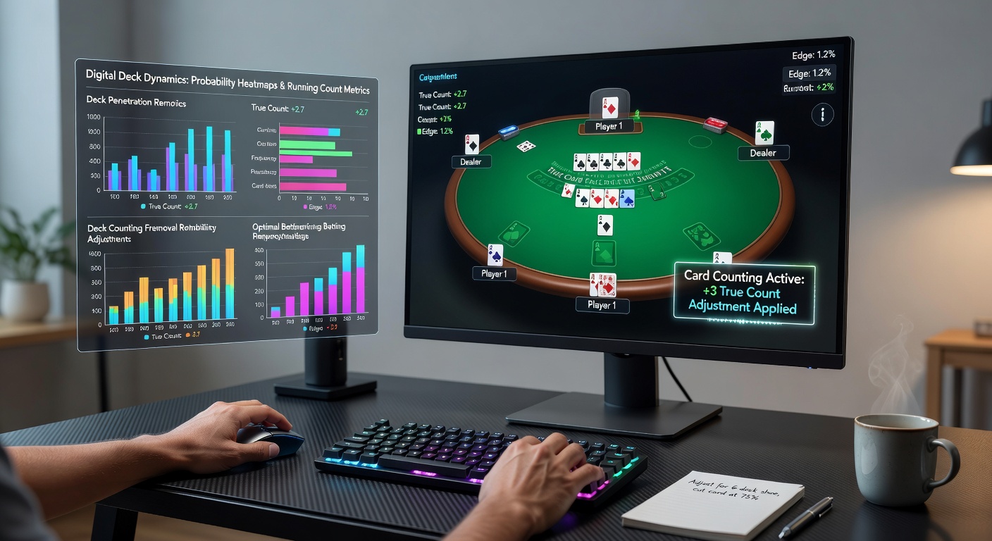 Close-up of a blackjack shoe on a live dealer table, showing partial deck exposure and digital bet interface overlay during a counting session