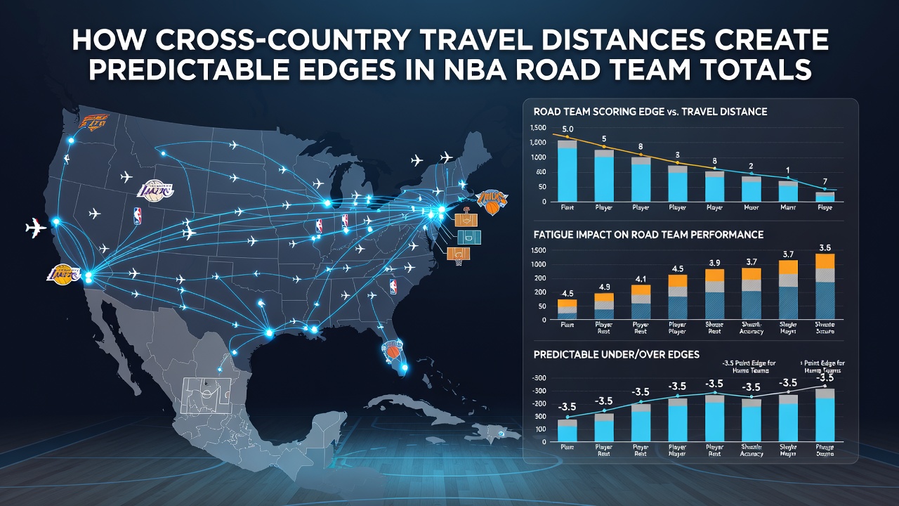 Chart displaying NBA road team total points trends across different travel distances and time zones