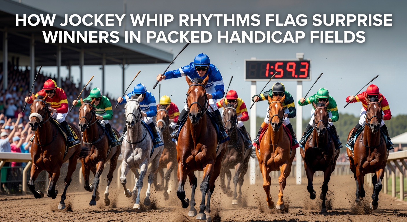 Jockey applying whip rhythm during a crowded handicap race at a major track, highlighting the intensity of the finish