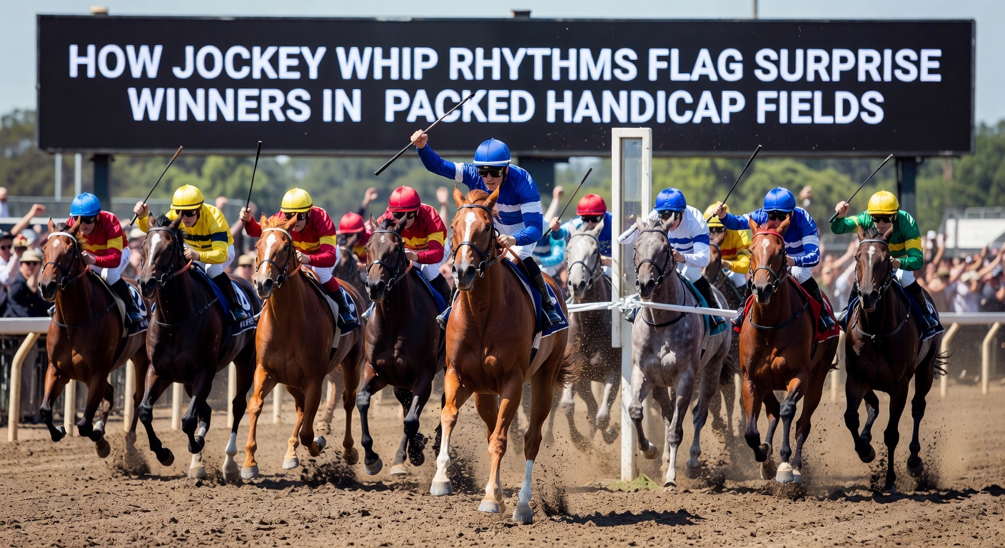 Close-up of a jockey's whip hand in rhythmic motion during a handicap sprint, with the field blurring behind in a tight finish