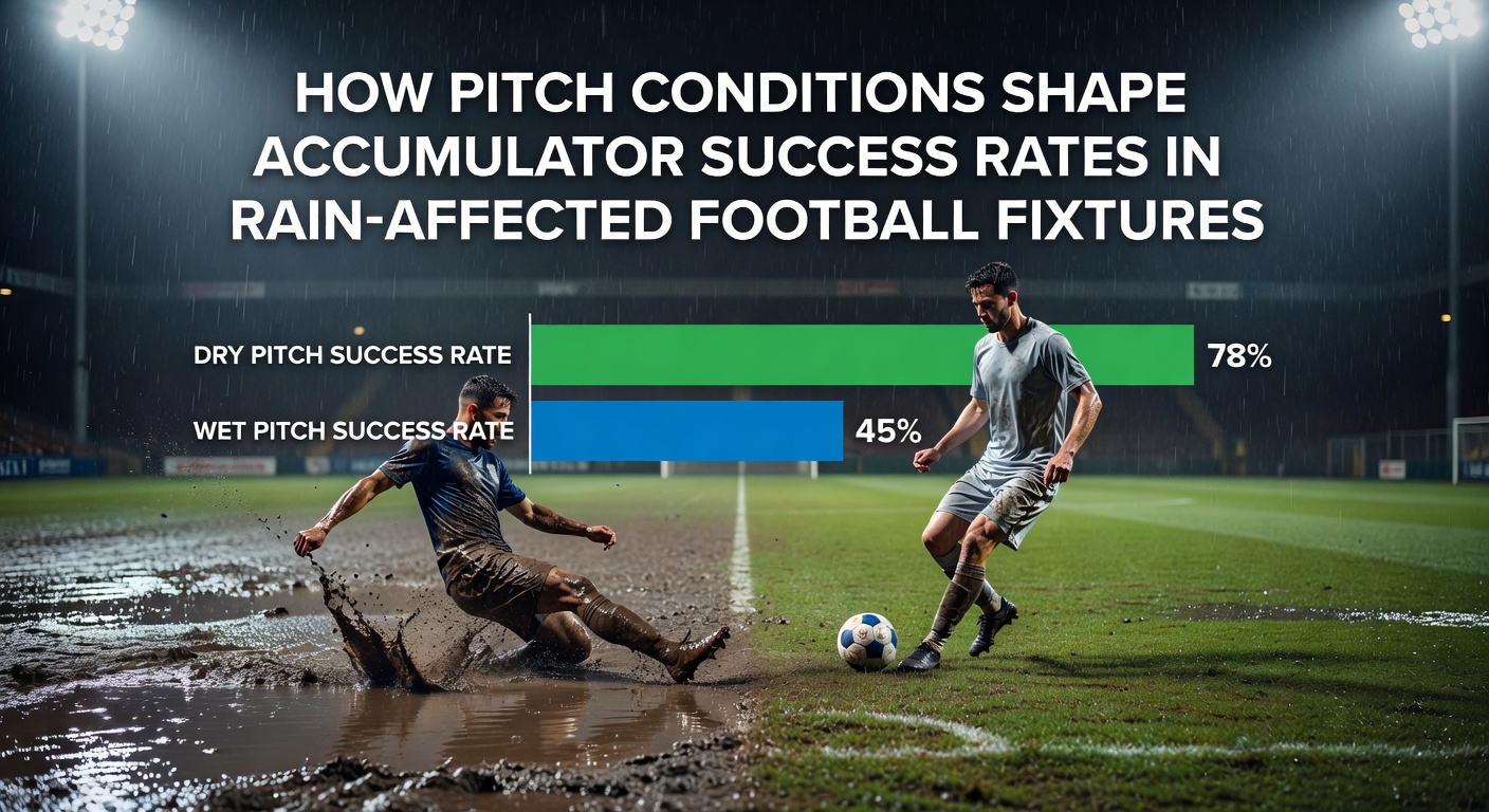 Waterlogged football pitch during heavy rain with players adapting their movement