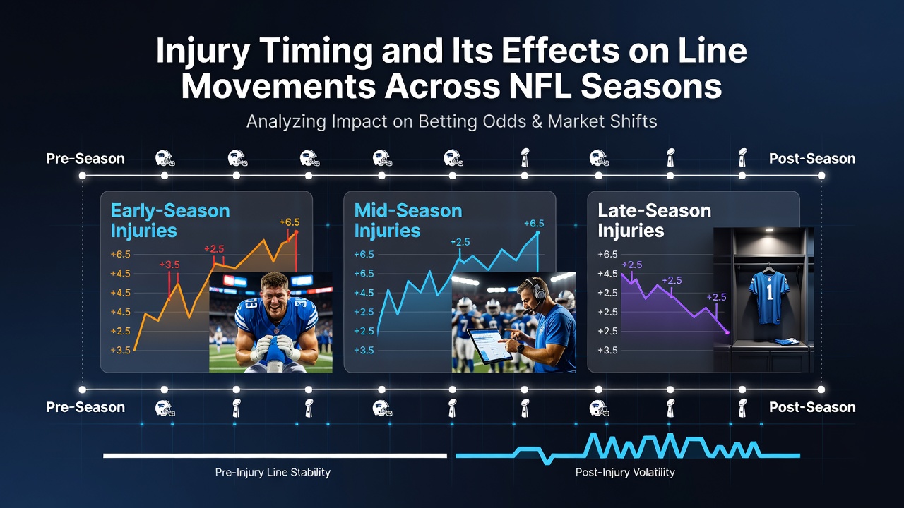 NFL field with superimposed injury report graphics and fluctuating odds board during game week
