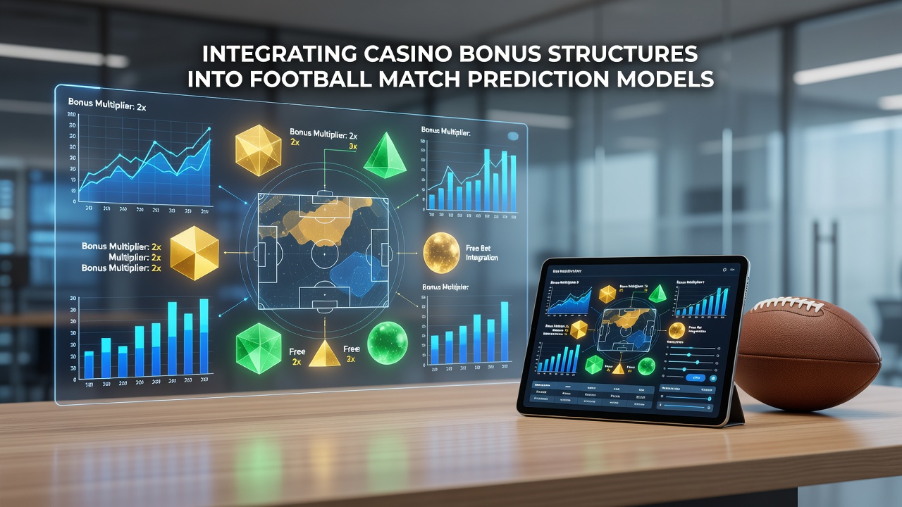 Diagram showing casino bonus layers overlaid on football match data inputs and prediction outputs