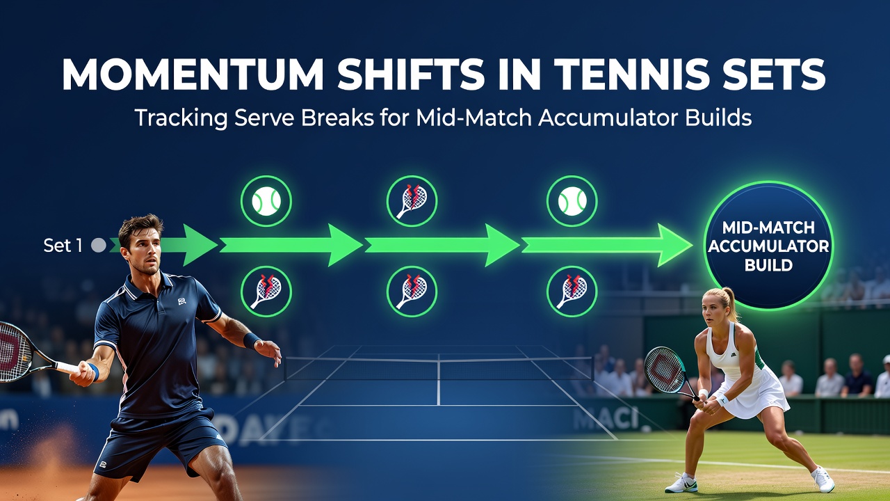 Tennis player serving during a match with visible court momentum indicators