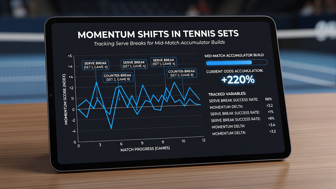 Close-up of tennis scoreboard showing set and game momentum changes