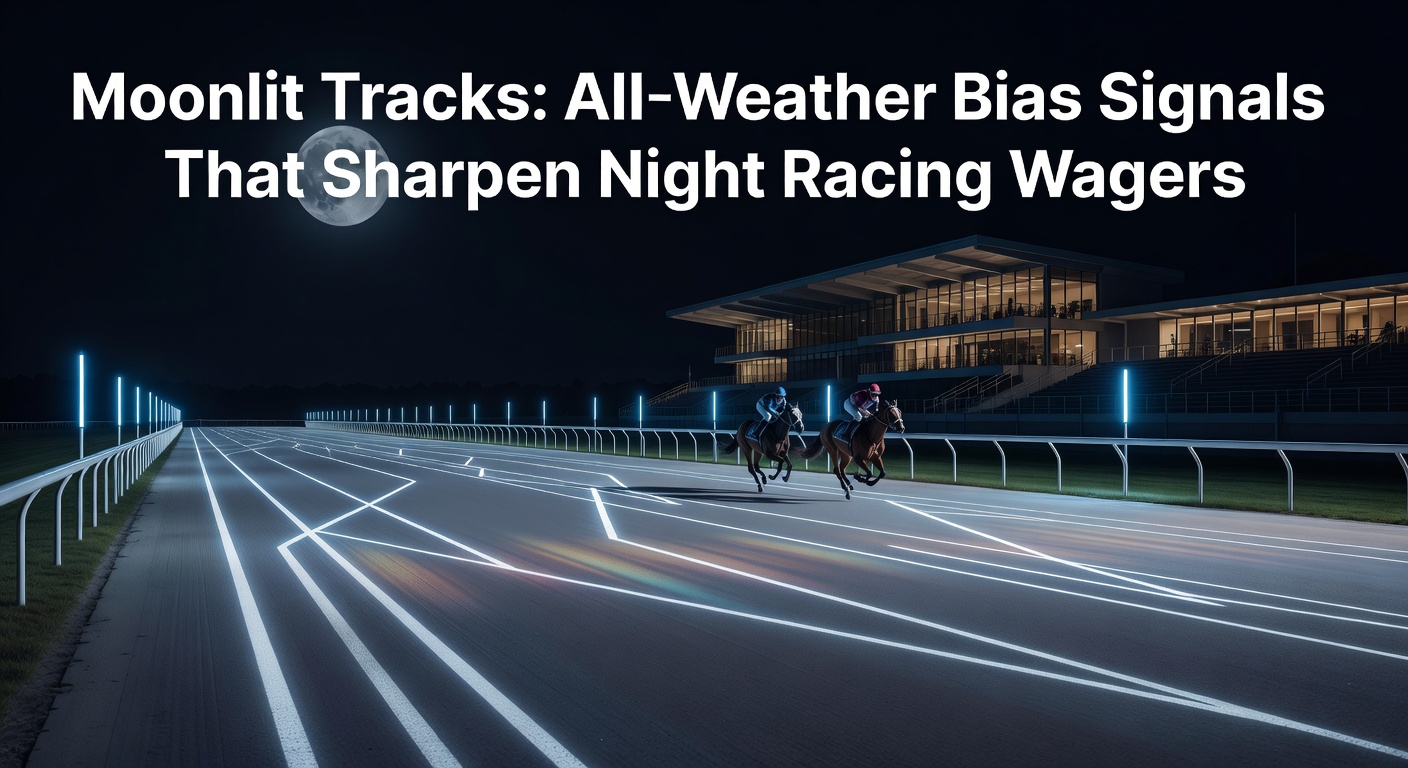 Floodlit all-weather racetrack at night with horses thundering down the straight under bright lights, highlighting track bias in action