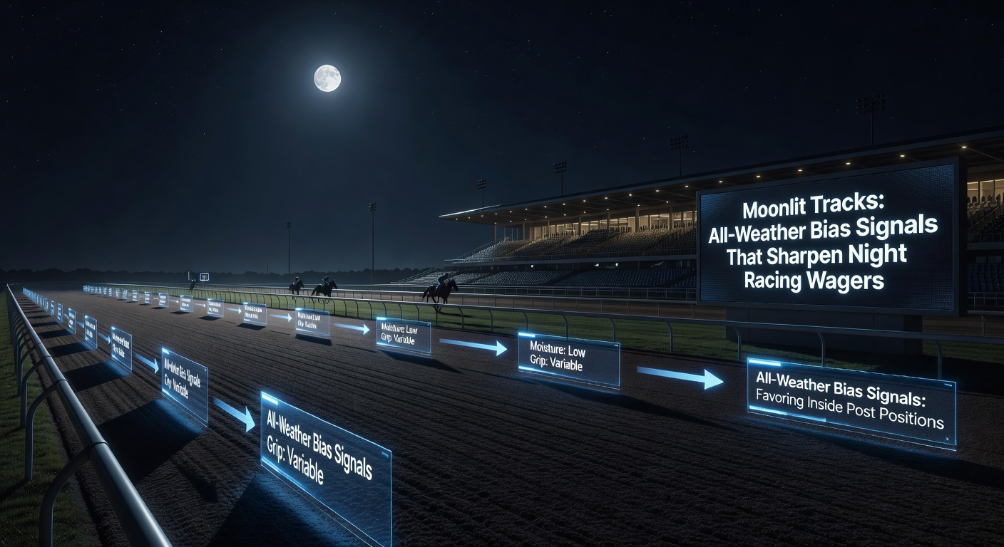 Close-up of horses battling on an all-weather bend at night, demonstrating draw bias as the low-numbered horse pulls clear under the lights