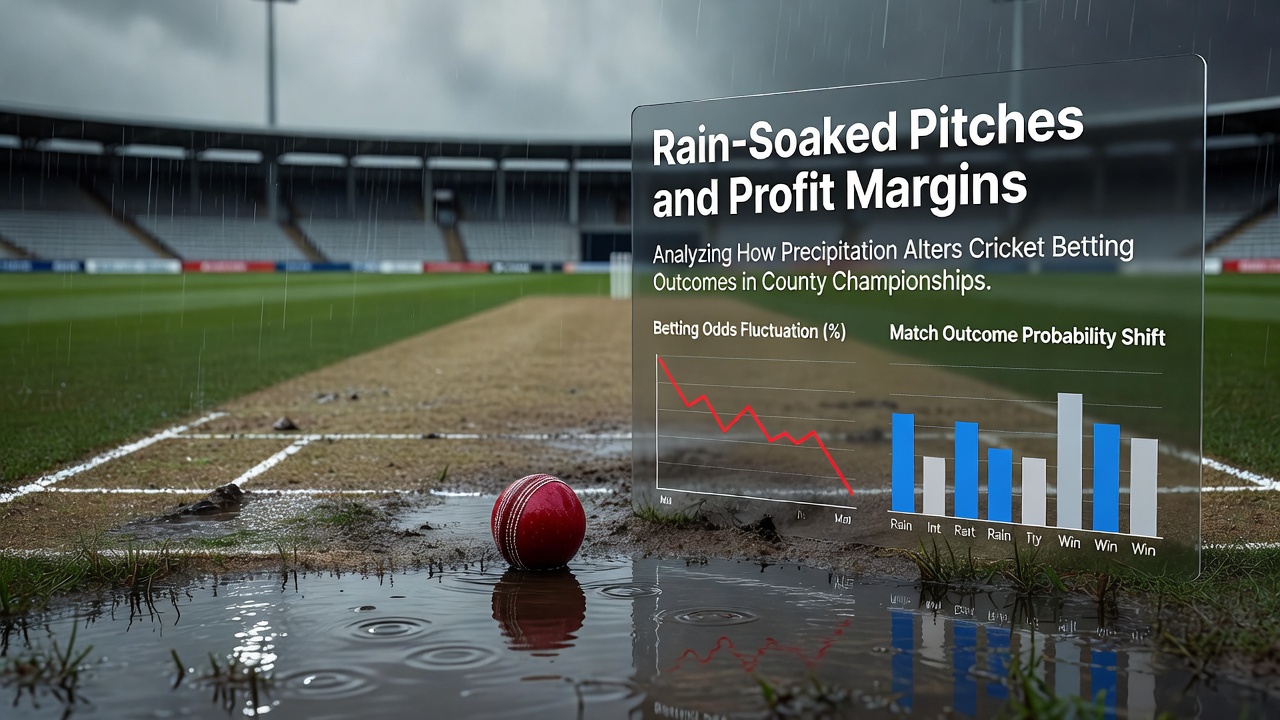 Rain affecting cricket pitch during County Championship match with players adjusting strategies