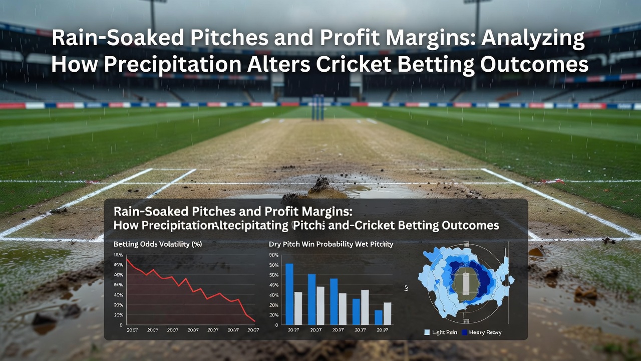 Cricket analysts reviewing weather data and betting odds on a laptop during a rain-affected County match