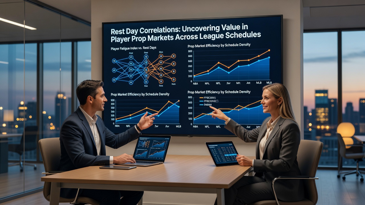 Sports analytics dashboard displaying rest day metrics and player prop correlations across leagues