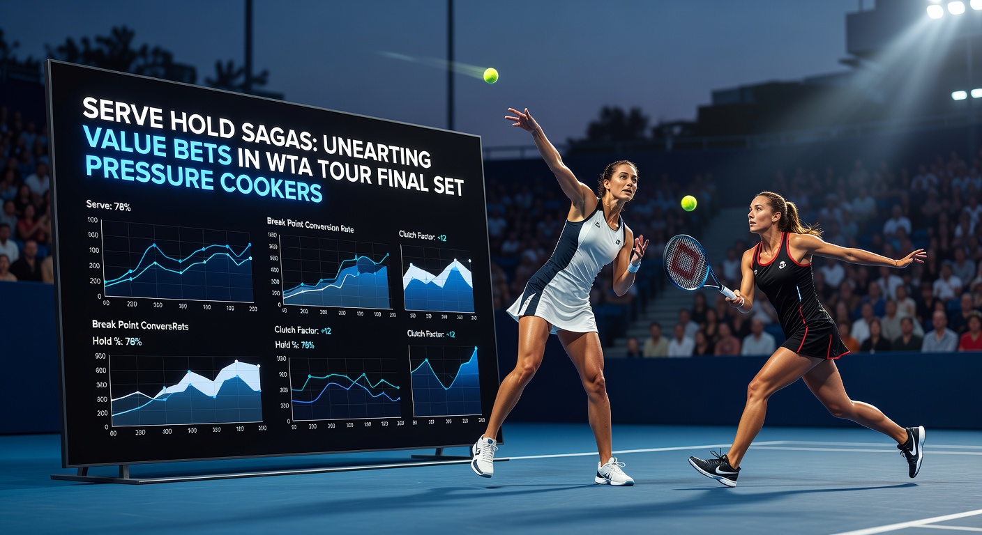 WTA players locked in a tense final set tiebreak, sweat visible under stadium lights, crowd hushed