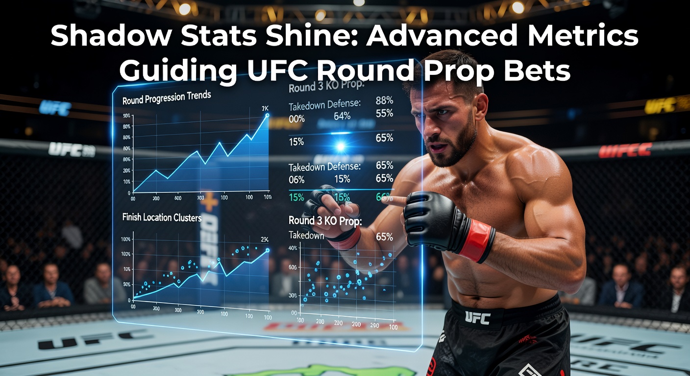 UFC octagon with fighters exchanging strikes mid-round, highlighting intense action that shadow stats predict