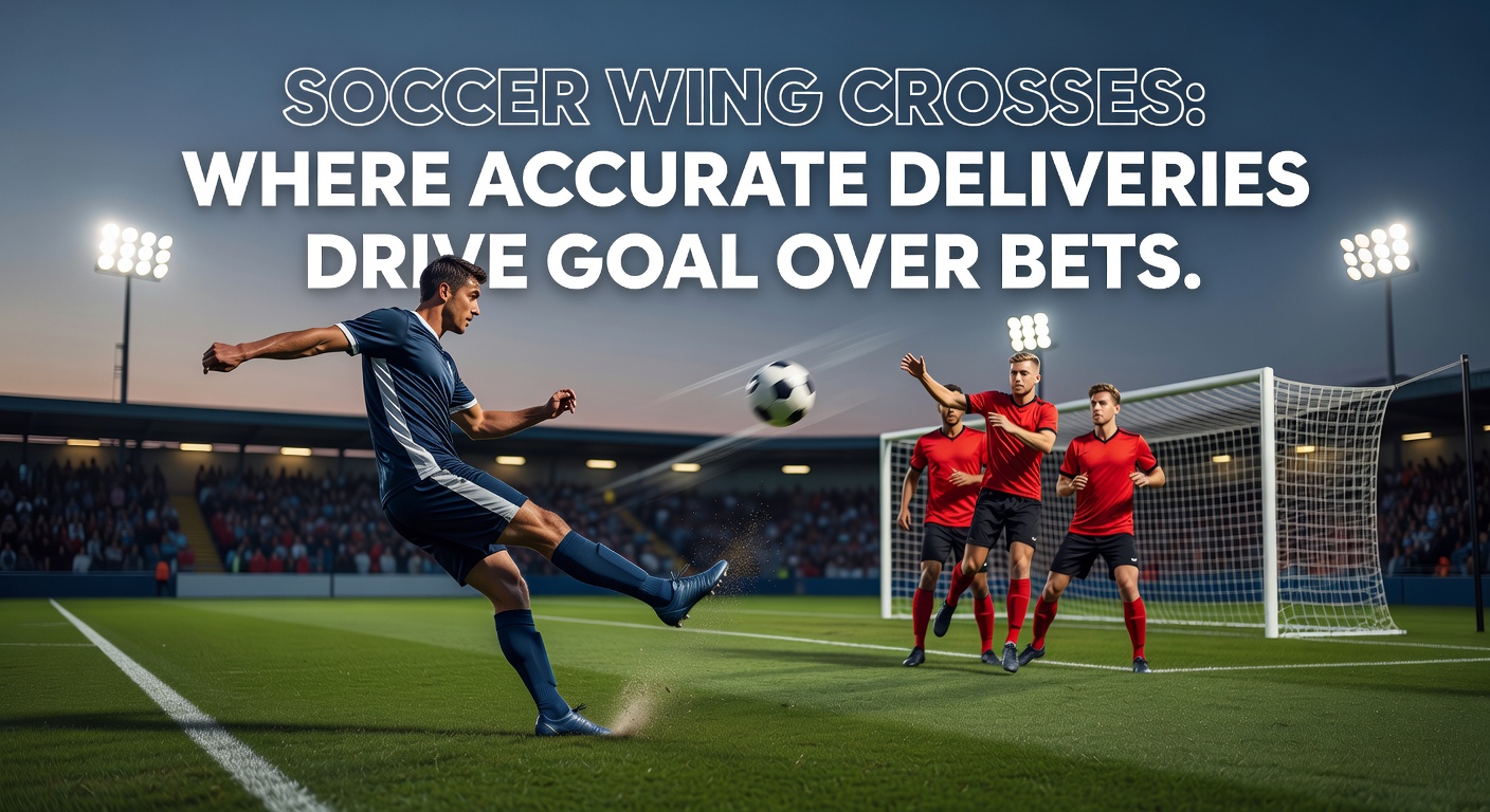 A soccer player delivering a precise wing cross into the penalty area during a match, with teammates positioned for headers