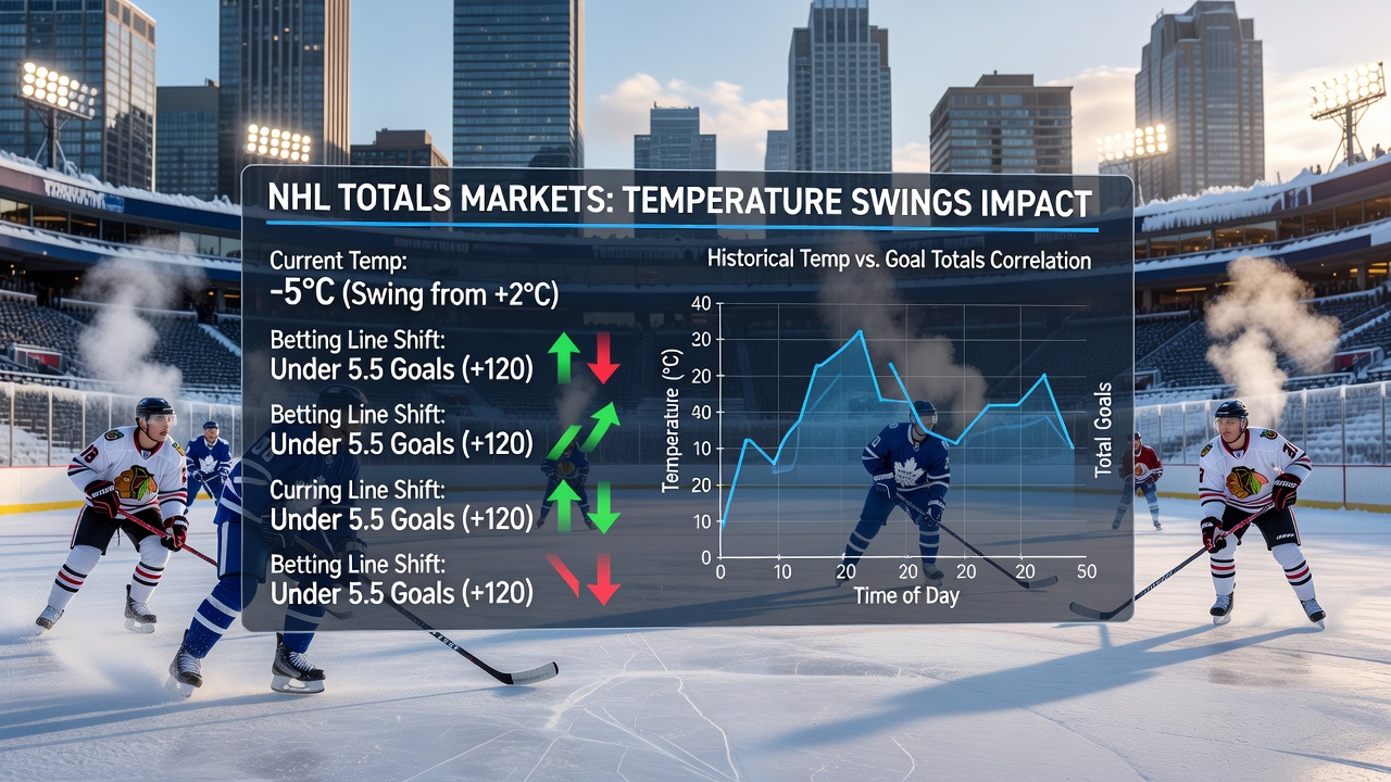 Close-up view of NHL action on an outdoor rink with temperature monitoring equipment visible near the bench area