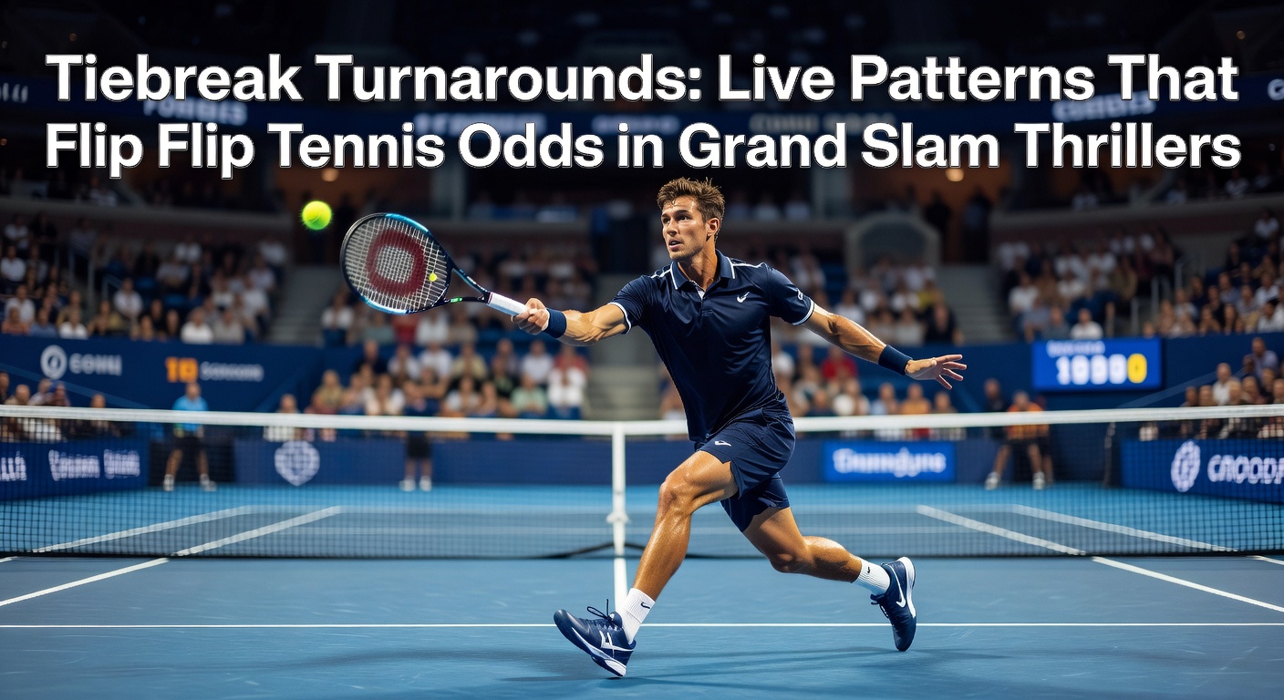 Intense tennis tiebreak moment at a Grand Slam with players locked in a dramatic rally under stadium lights