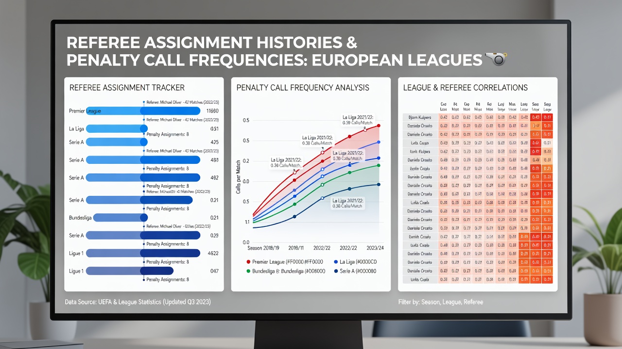 Data charts displaying penalty call statistics for referees in European football leagues
