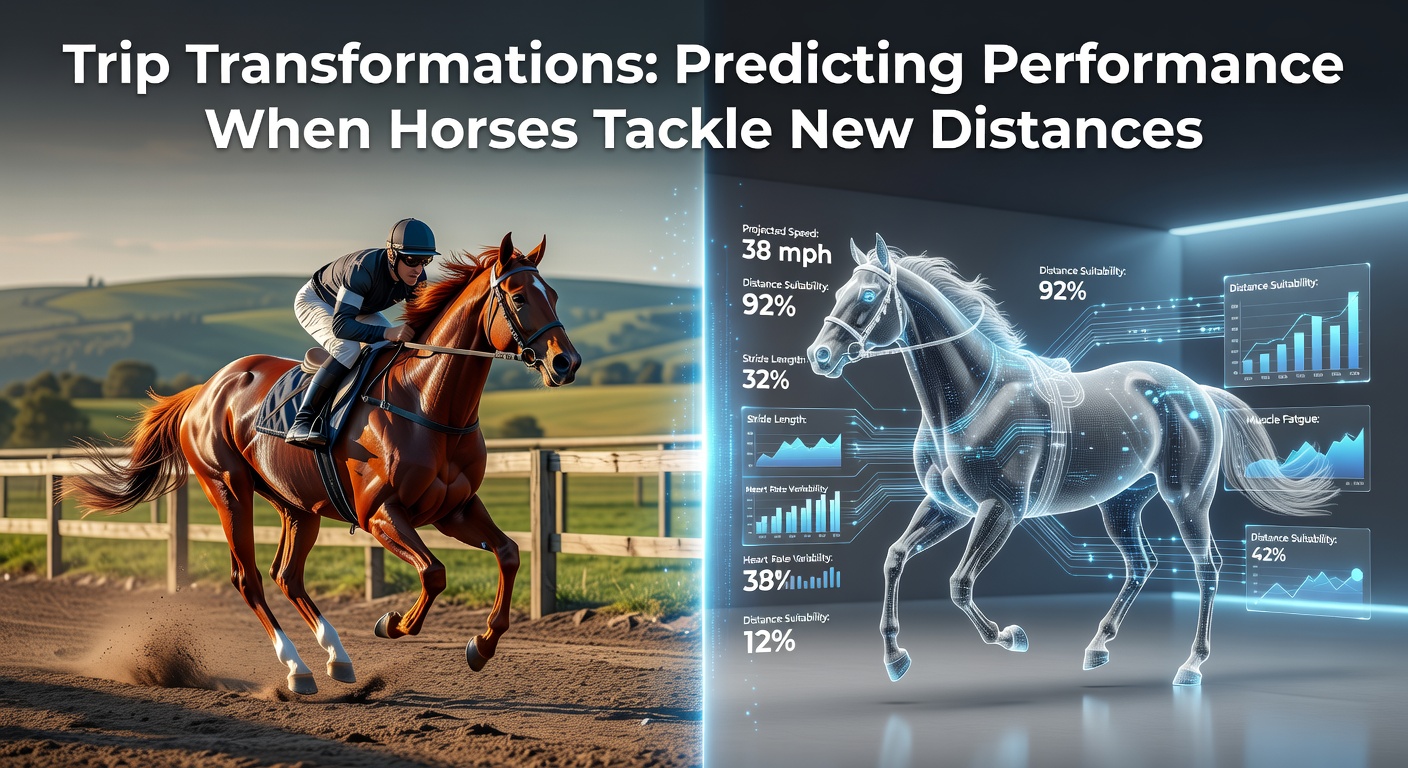 A thoroughbred horse stretches out in a long-distance race, showcasing the challenge of adapting to new trip lengths on a sunlit track
