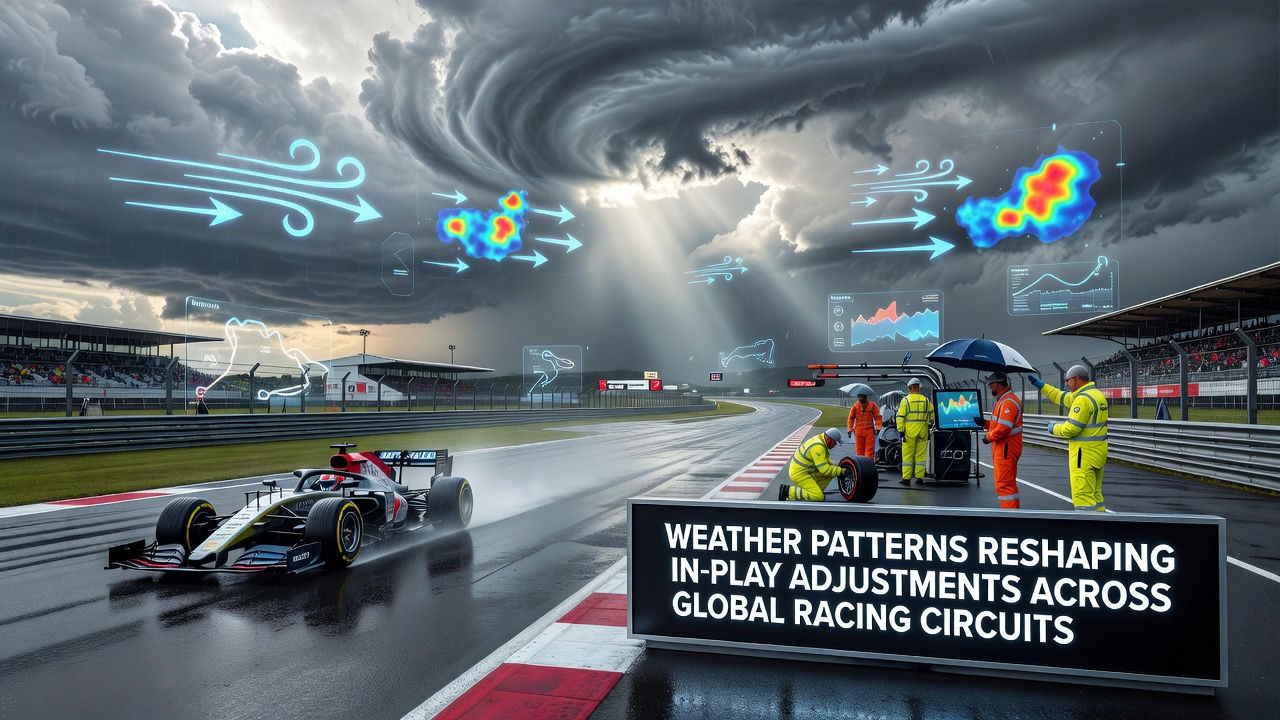 Global racing circuit under variable weather conditions with teams adjusting strategies in real time