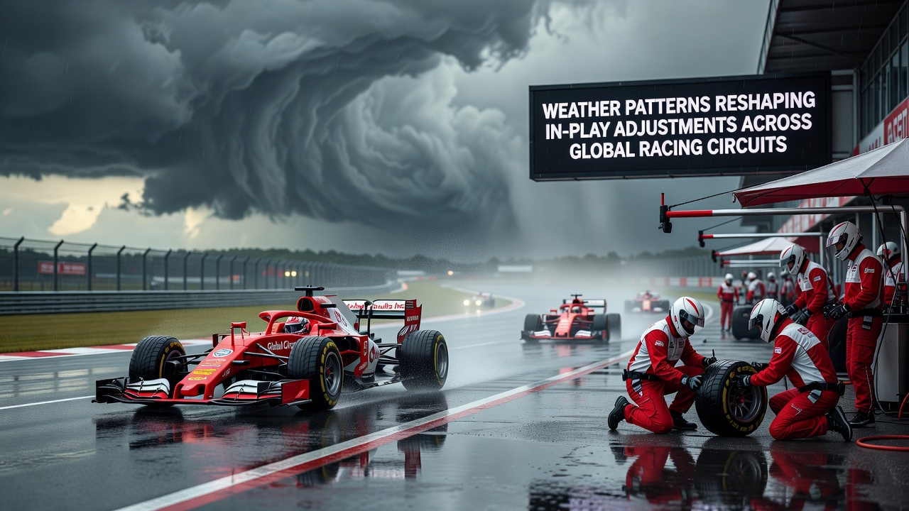 Motorsport team analyzing weather data on monitors during a race with rain approaching the circuit
