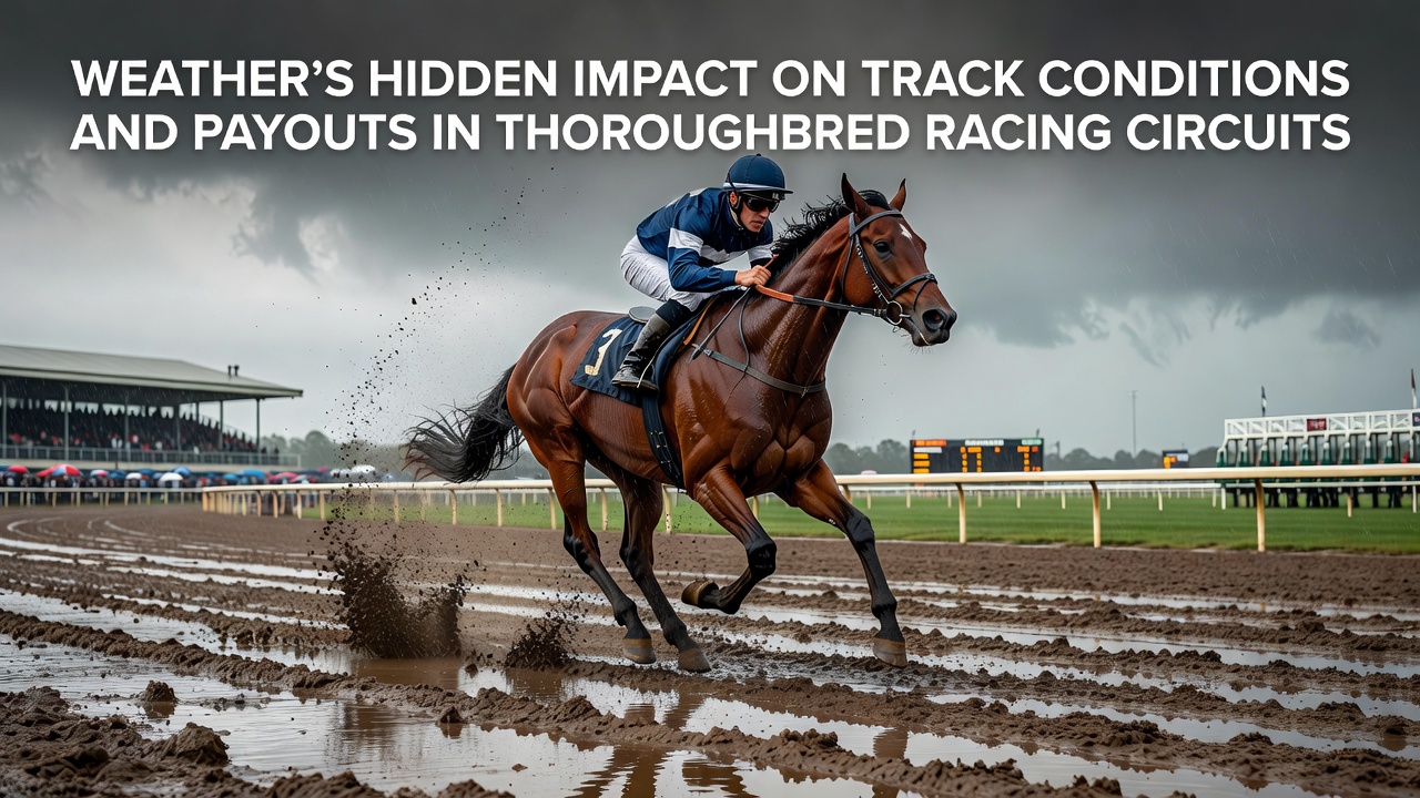 Thoroughbred racehorses competing on a rain-affected track surface during a race meeting