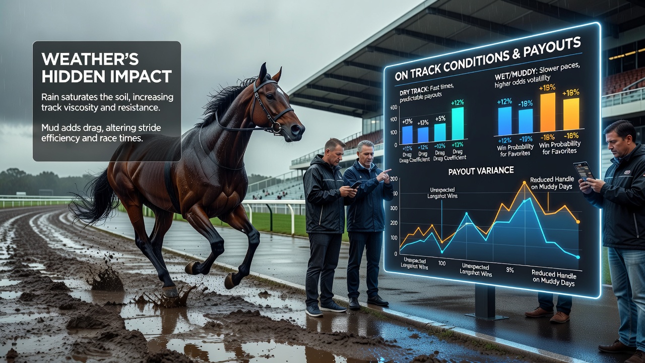 Race officials inspecting a damp turf course and measuring moisture levels before a thoroughbred event