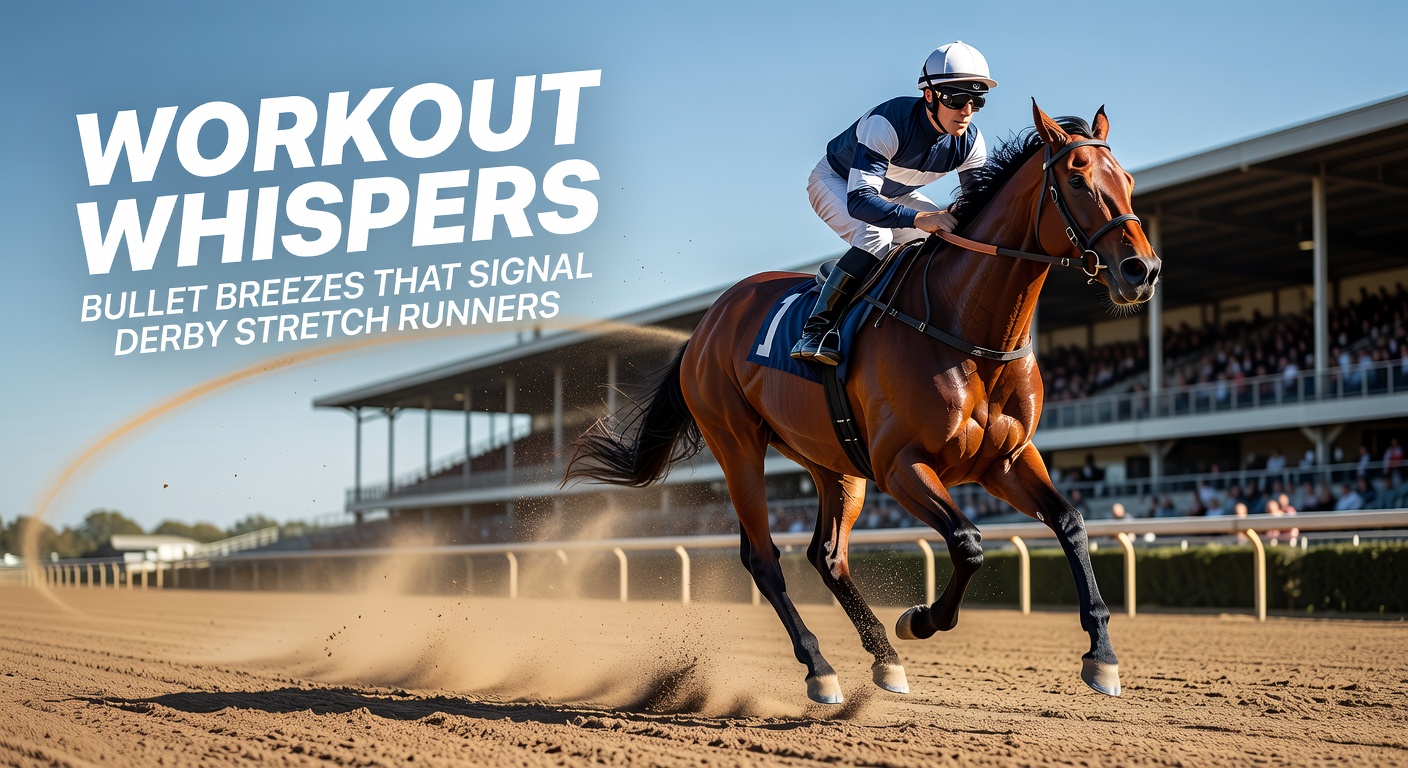 A sleek Thoroughbred horse galloping at full speed during a timed workout on a sunlit training track, kicking up dirt as it powers through a bullet breeze session